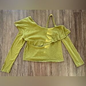 Anthropologie Postmark One-Shoulder Green Ruffle Long Sleeve Cotton Top. Size M